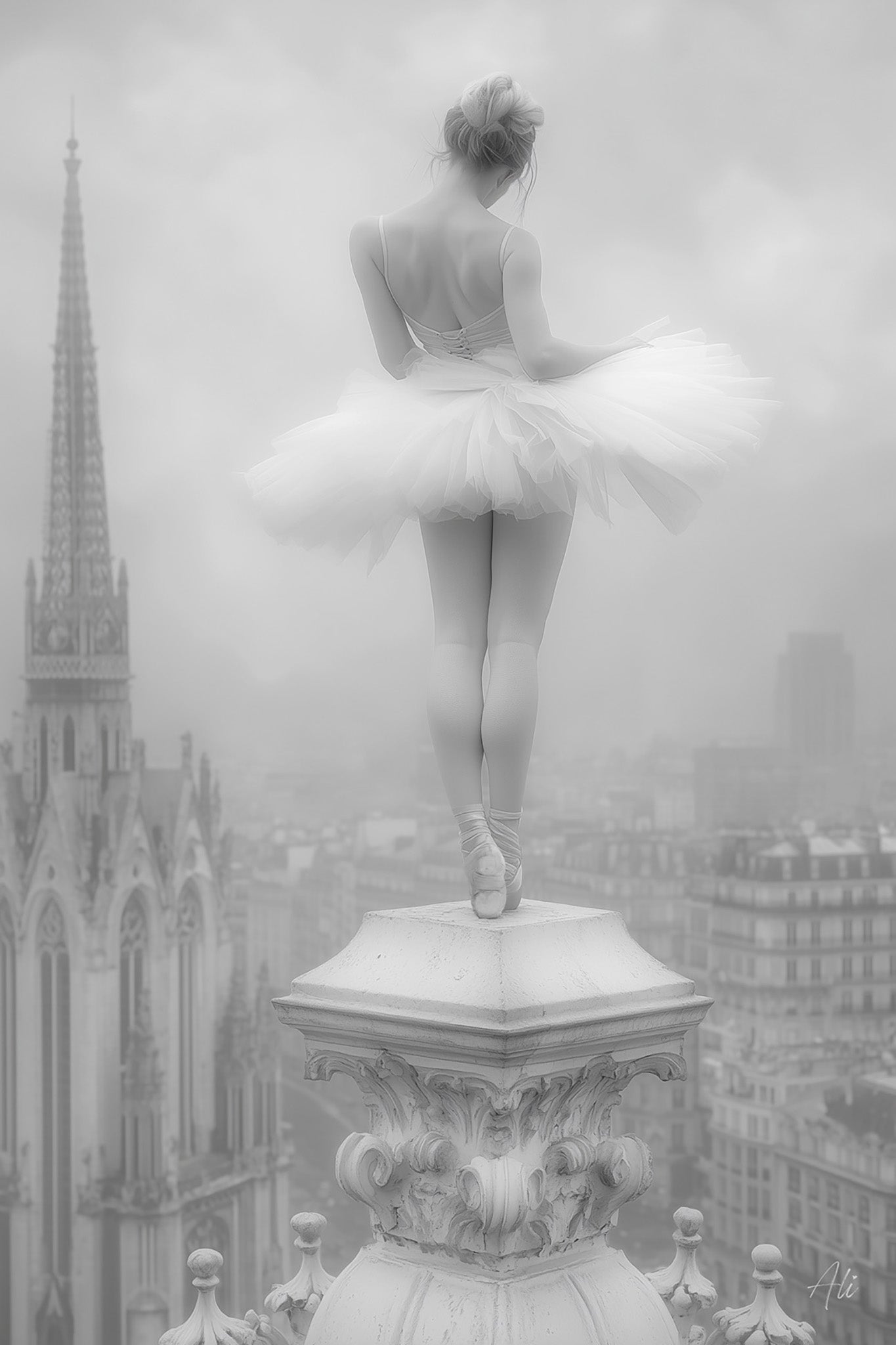 Black and white fine art photograph of a ballerina seen from behind in a flirty pose with hips swung to one side, silhouetted against the backdrop of Parisian cathedrals, with vintage-inspired contrast and ethereal lighting.