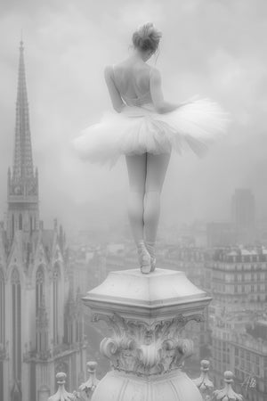 Black and white fine art photograph of a ballerina seen from behind in a flirty pose with hips swung to one side, silhouetted against the backdrop of Parisian cathedrals, with vintage-inspired contrast and ethereal lighting.