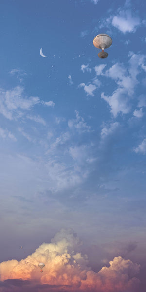 An illustration of an airship floating among stars in a pastel twilight sky, with fluffy clouds and a crescent moon.