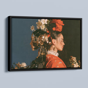 Two Natures framed canvas in a black frame, angled view