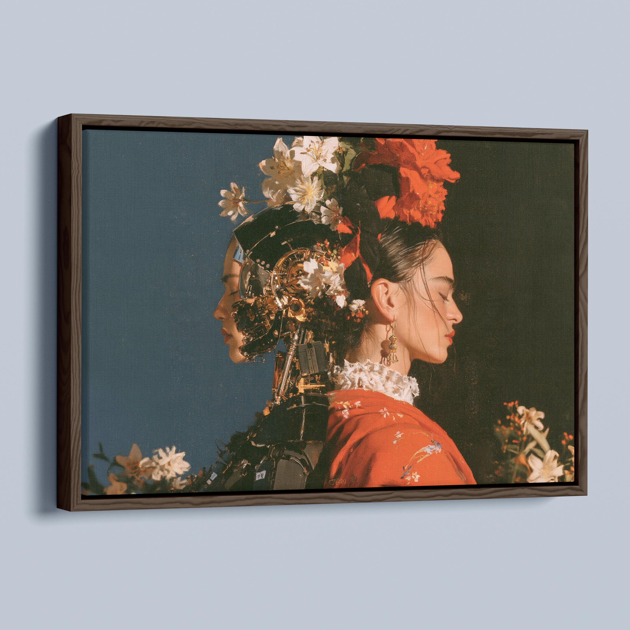 Two Natures framed canvas in a dark walnut frame, angled view