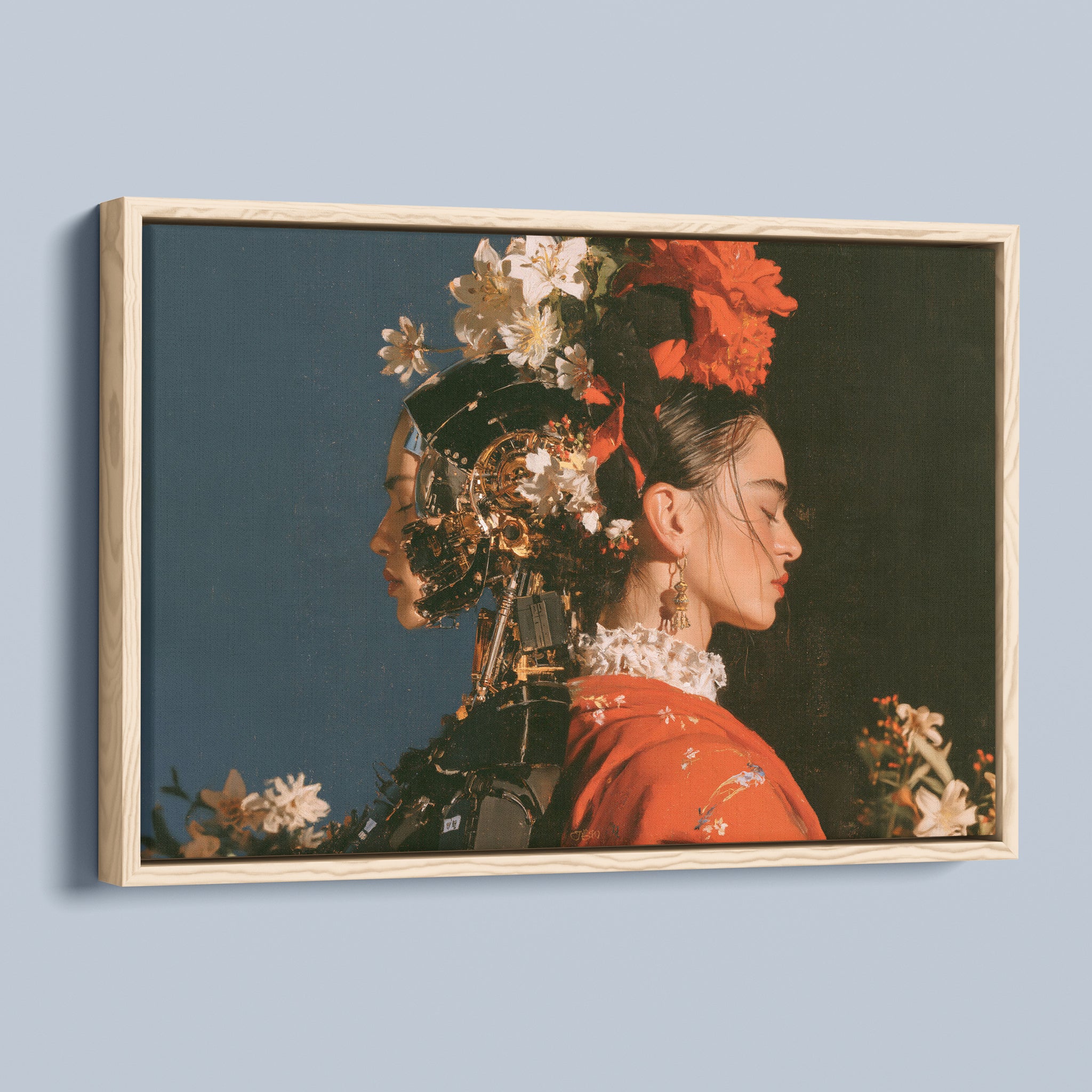 Two Natures framed canvas in a natural light wood frame, angled view