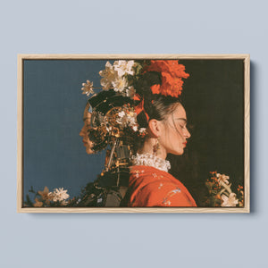 Two Natures framed canvas in a natural light wood frame, front view