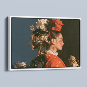 Two Natures framed canvas in a white frame, angled view