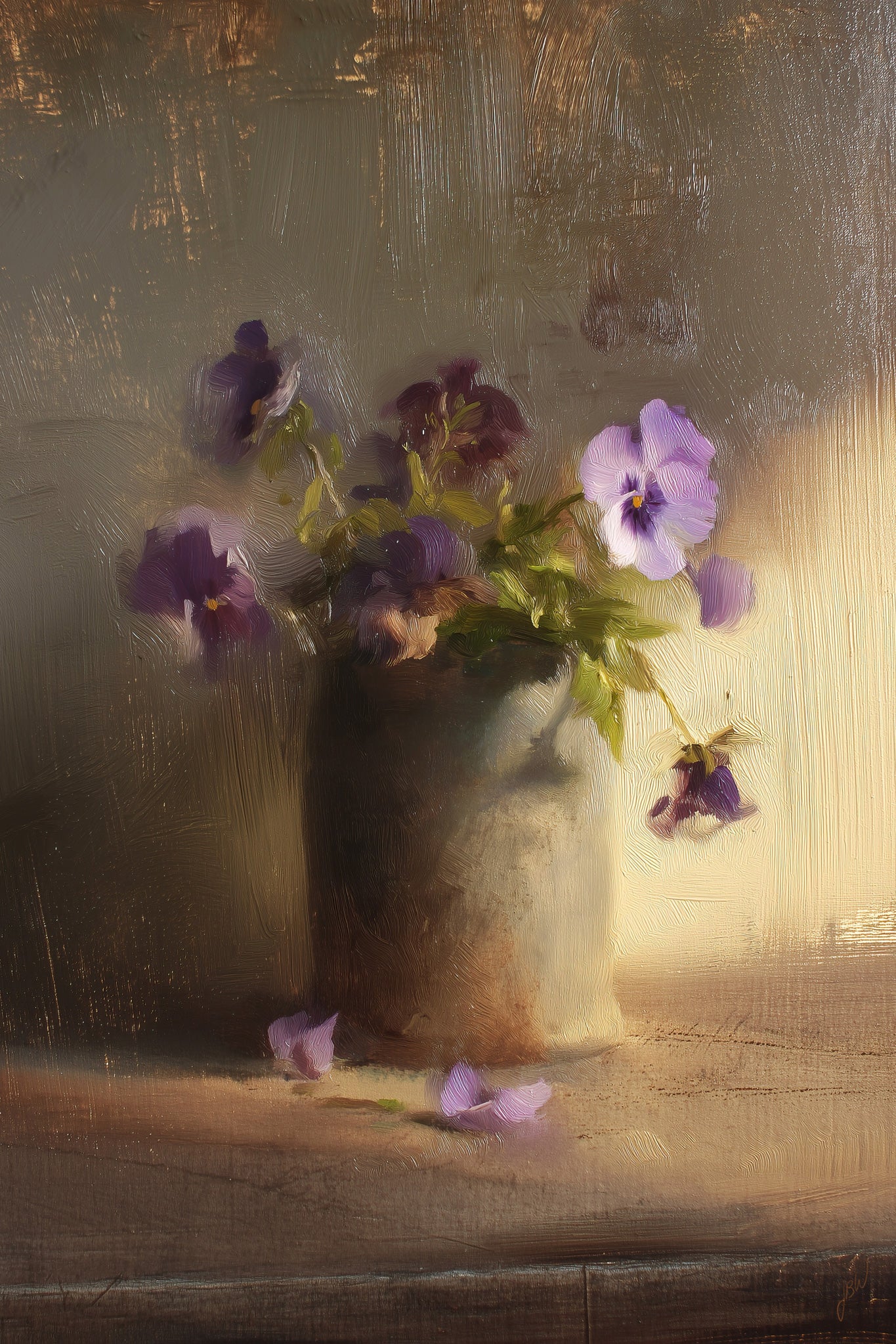 Oil painting-style fine art print of a bouquet of purple and violet pansies in a simple cylindrical ceramic vase, lit by warm golden backlight from the right against a textured neutral background, with fallen petals on a wooden surface below and one pansy drooping gracefully over the vase rim.