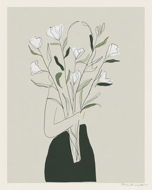Minimalist line-art illustration of a faceless female figure in a forest green garment holding a large bouquet of white tulip-like flowers with sage green leaves, rendered in delicate single-line style against a warm gray background, by Jay Bryant Ward.