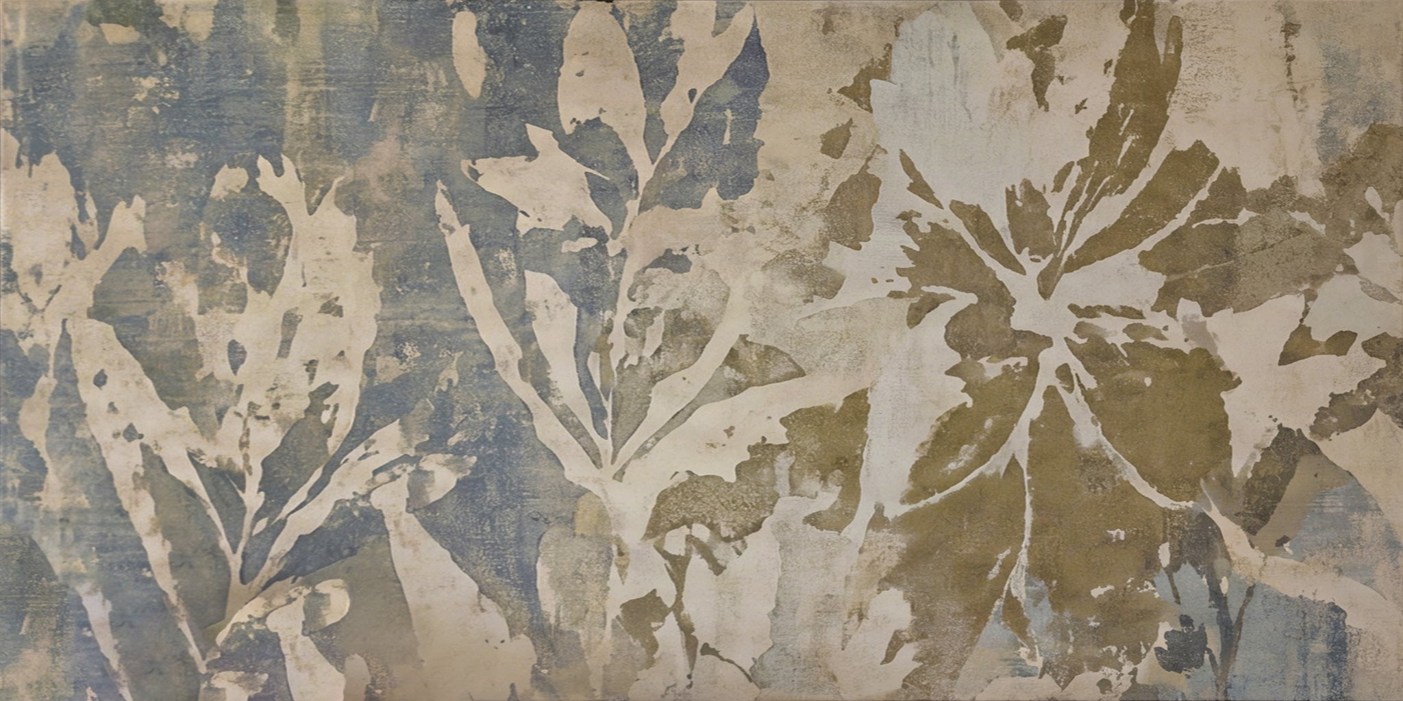 Wide-format abstract botanical art print featuring layered tropical and broad-leaf foliage silhouettes in a weathered fresco style, transitioning from cool slate blue-grey on the left to warm olive and khaki on the right, with creamy white negative-space leaf forms against a distressed, aged plaster-like textured background.
