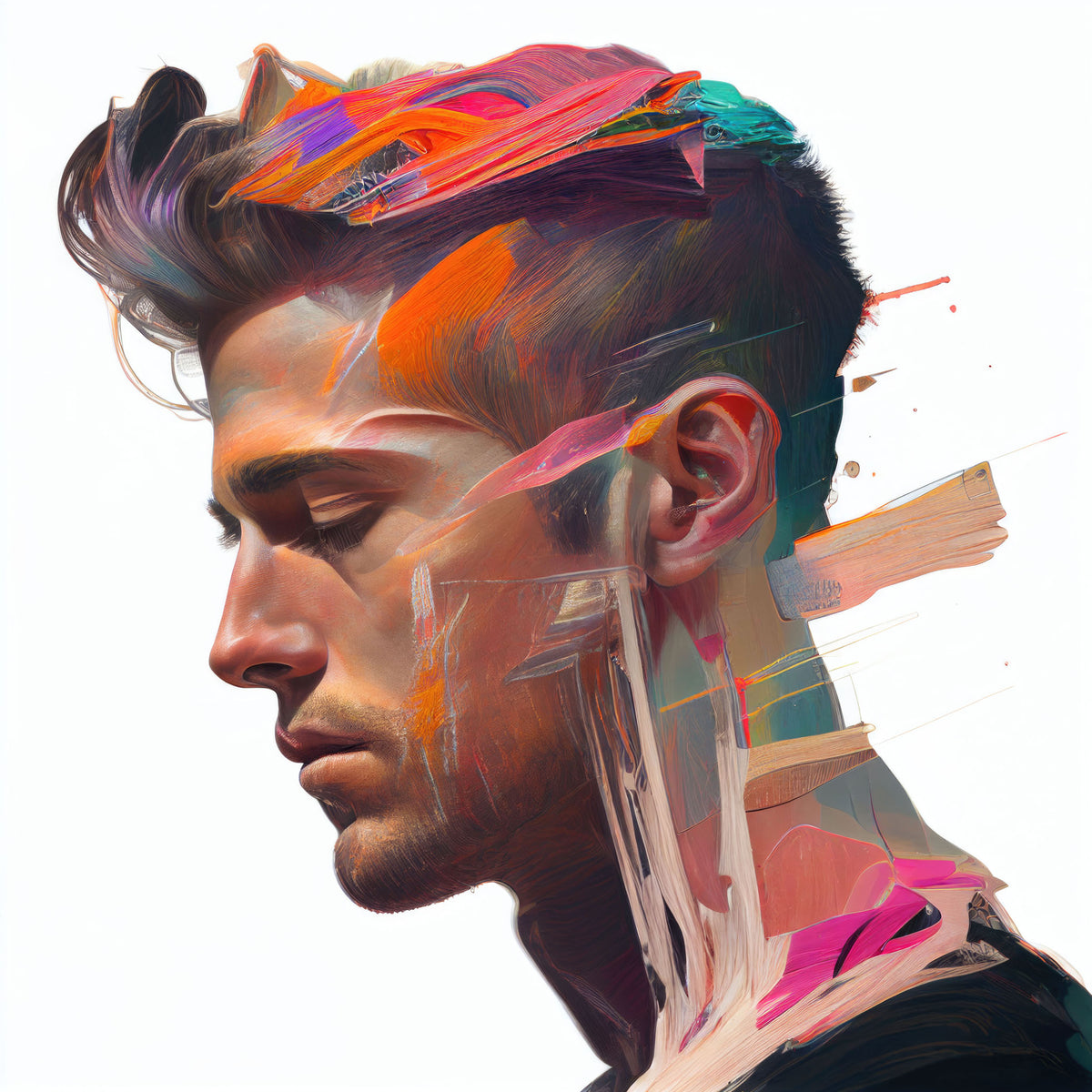 Digital art print of a young man in profile facing left with eyes closed, rendered in photorealistic detail that transitions into bold abstract brushstrokes of orange, magenta, teal, purple, and peach cascading across the hair and shoulders against a white background, by artist Jay Bryant Ward.