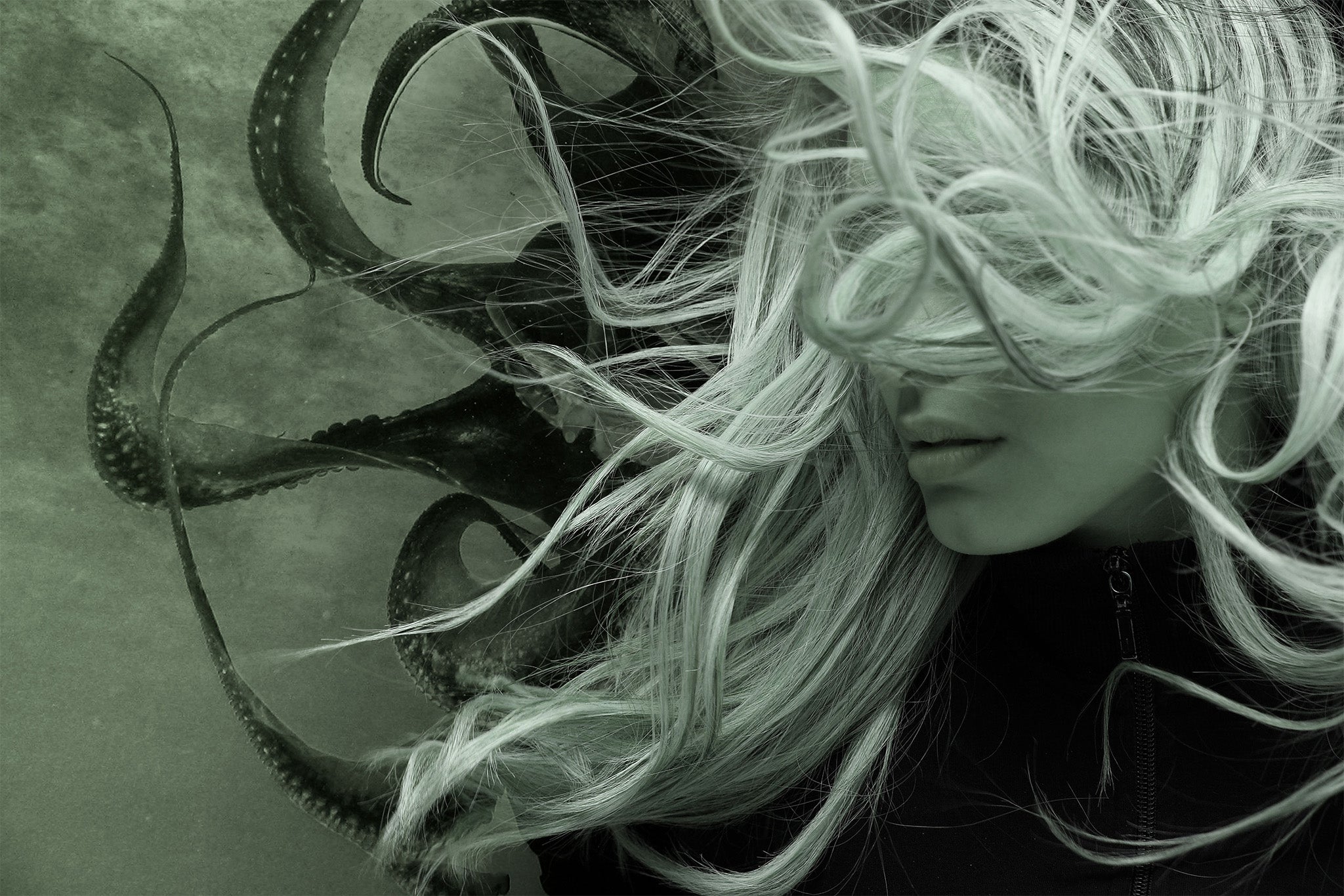 Green Sepia fantasy portrait blending a woman's hair with octopus tentacles, creating a surreal, textured contrast of human and marine forms.