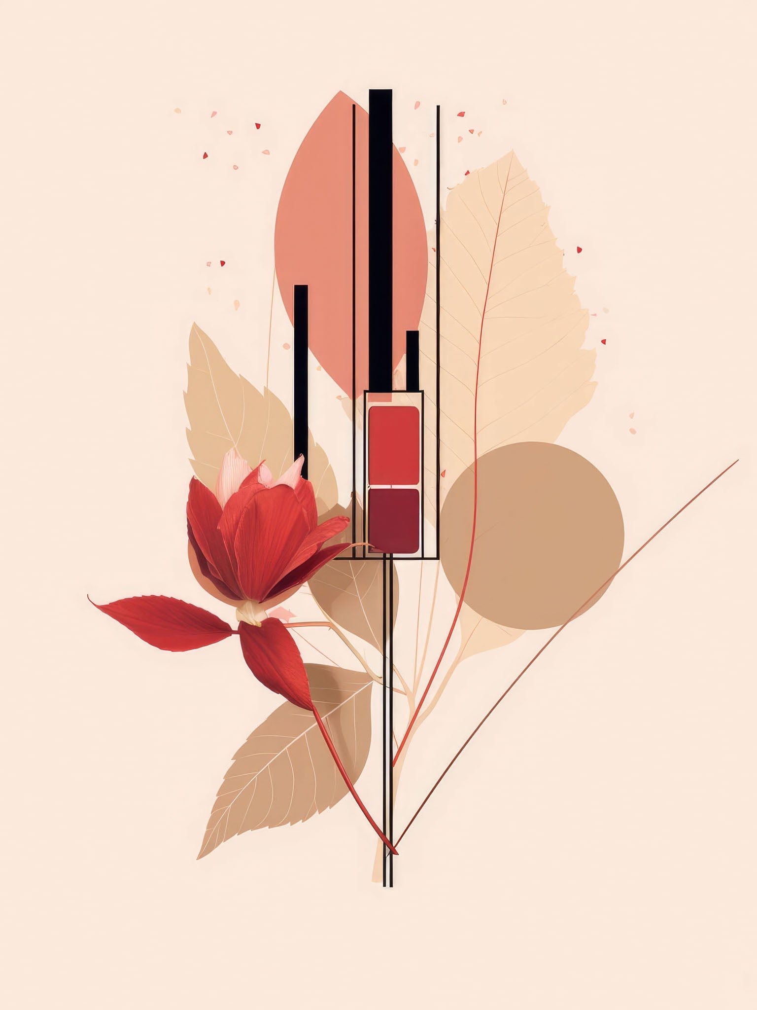 "Fashion Illustration - Red Lipstick," an elegant abstract art piece featuring geometric and floral elements in warm autumn tones, combining beauty and fashion in a minimalist design.