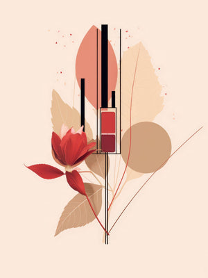 "Fashion Illustration - Red Lipstick," an elegant abstract art piece featuring geometric and floral elements in warm autumn tones, combining beauty and fashion in a minimalist design.