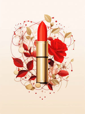 "Fashion Illustration - Red Lipstick and Petals," a vibrant art piece featuring red lipstick, roses, and petals with abstract swirls, combining beauty and glamour in a luxurious and artistic design.