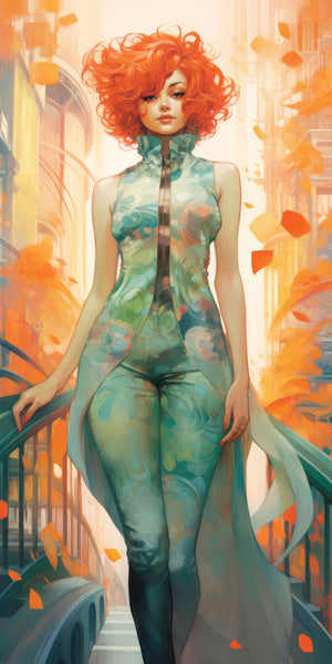 Digital illustration of a woman with flowing red hair in a stylish bodysuit, standing on a balcony with a futuristic cityscape and autumn leaves in warm tones.