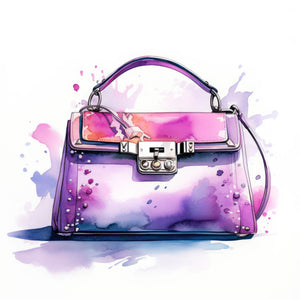 Watercolor illustration of a handbag in pink and purple tones with expressive splatter effects, combining elegance and trendy fashion design in a vibrant, artistic way.