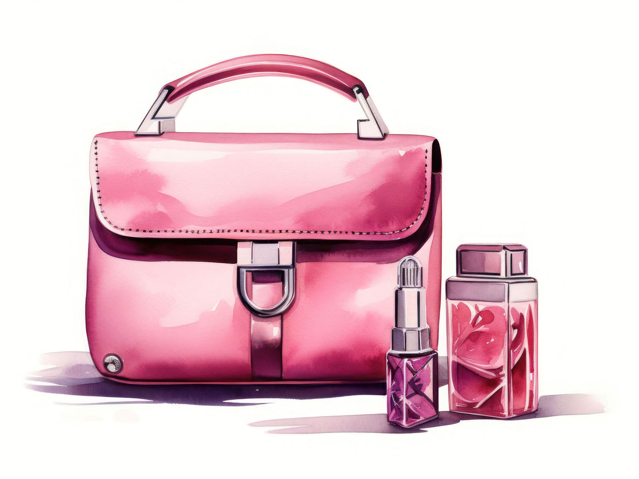 Fashion Illustration Accessories art showcasing a pink handbag, perfume bottle, and lipstick, combining stylish and elegant beauty products in a contemporary and vivid design.