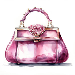 Watercolor illustration of a pink handbag with a metallic clasp, detailed brushwork, and vibrant textures, blending elegance and style in a chic and artistic design.