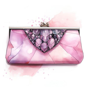Watercolor illustration of a pink evening clutch with gemstone details, a metal clasp, and abstract patterns, blending luxury and feminine style in a chic design.