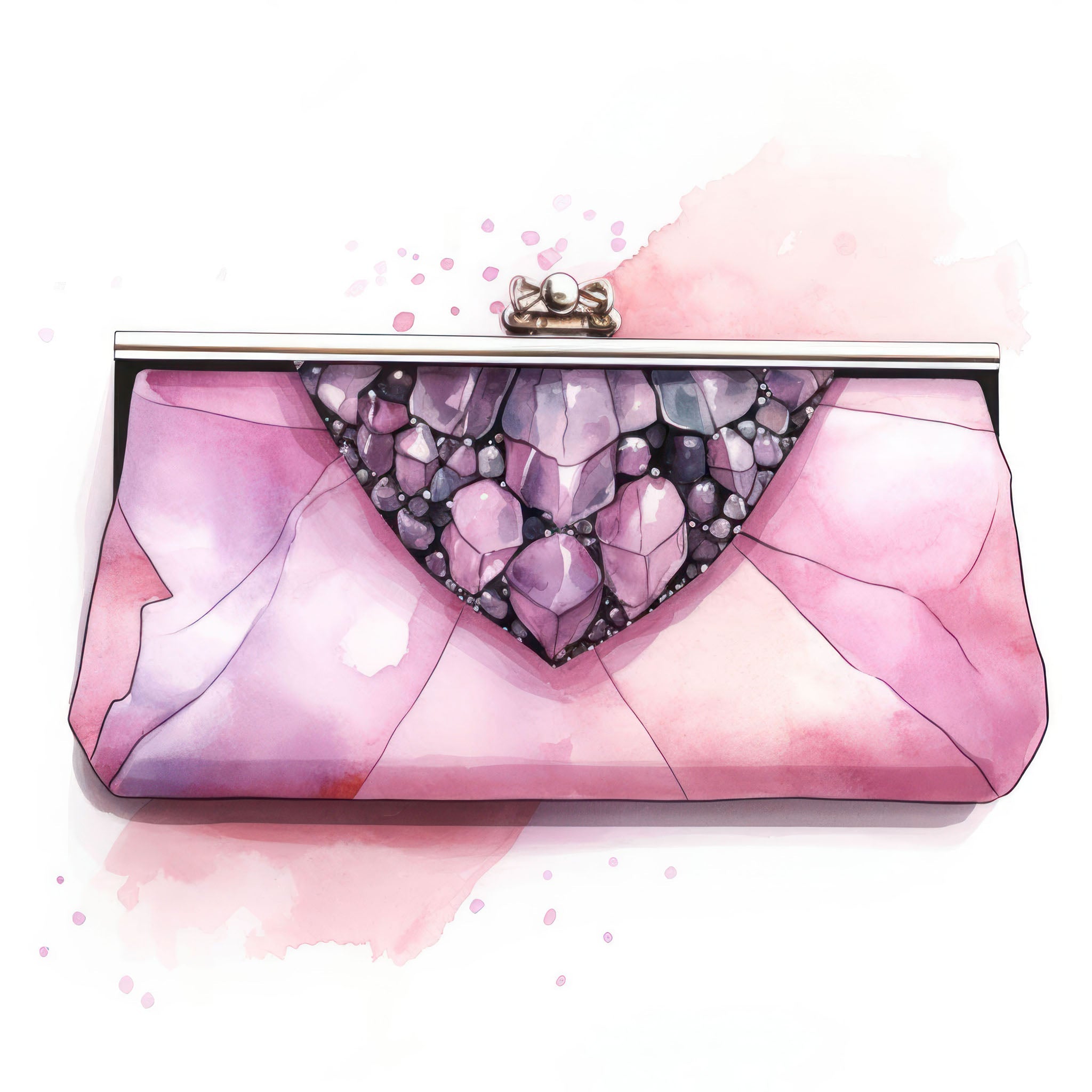 Watercolor illustration of a pink evening clutch with gemstone details, a metal clasp, and abstract patterns, blending luxury and feminine style in a chic design.