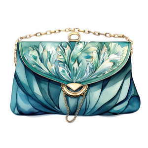 Watercolor illustration of an emerald clutch with a gold chain, floral pattern, and aqua and teal hues, combining luxury and sophistication with a chic, feminine style.