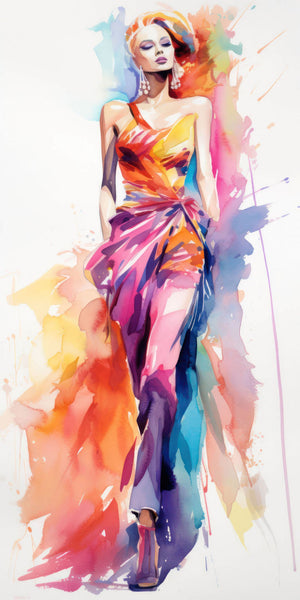 Vibrant watercolor illustration of a stylish woman in a dynamic pose, showcasing a bold array of colors and contemporary fashion.