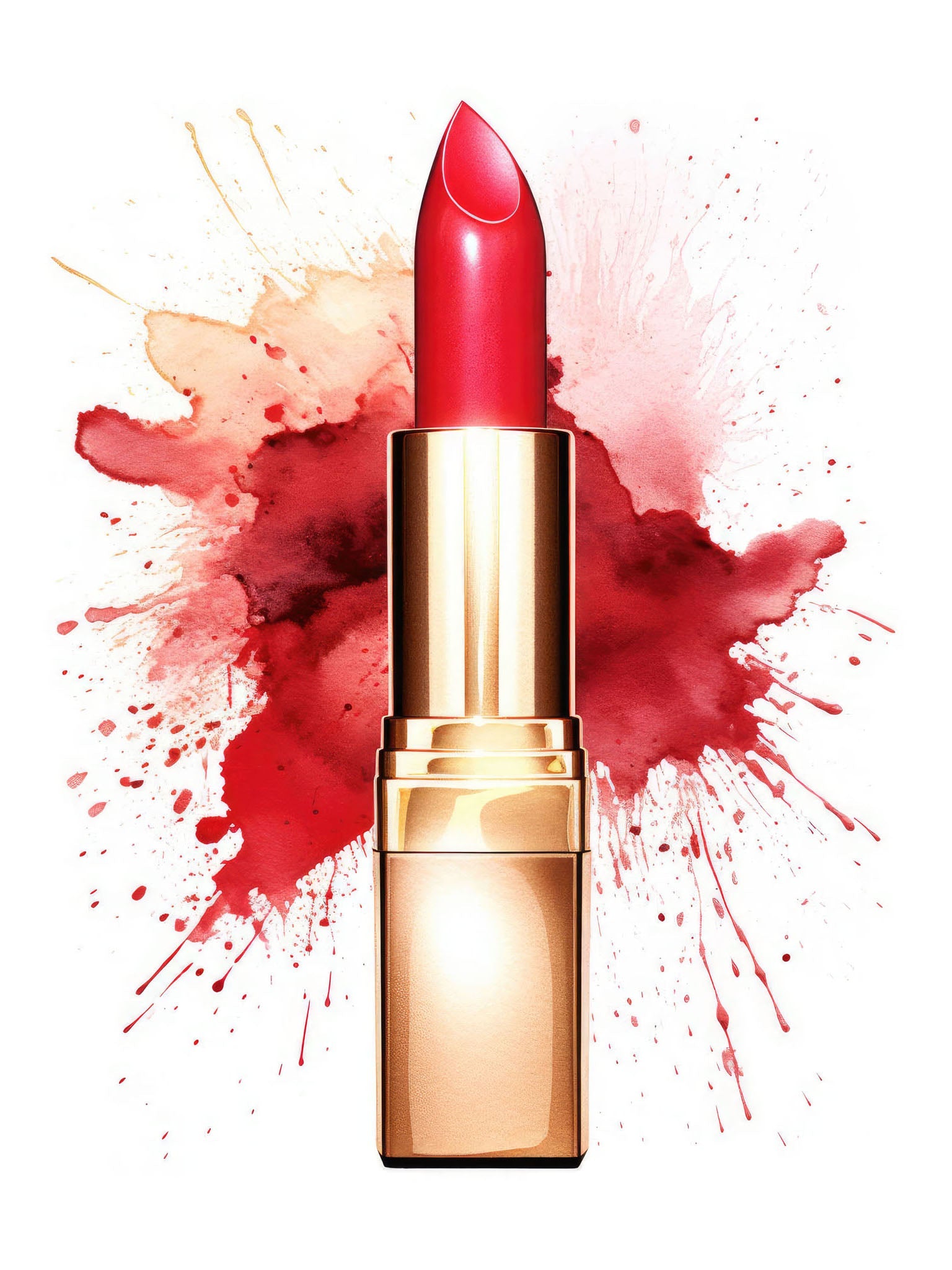 Fashion Watercolor Red Lipstick" illustration showcasing a vibrant red lipstick with a golden case, capturing elegance, glamour, and luxury in a chic, feminine design.