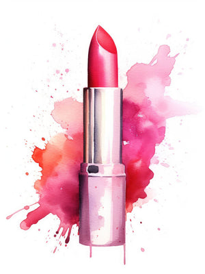 "Fashion Watercolor Pink Lipstick" illustration showing a vibrant pink lipstick with artistic splatters and smudges, emphasizing elegance, style, and luxury in a chic design.