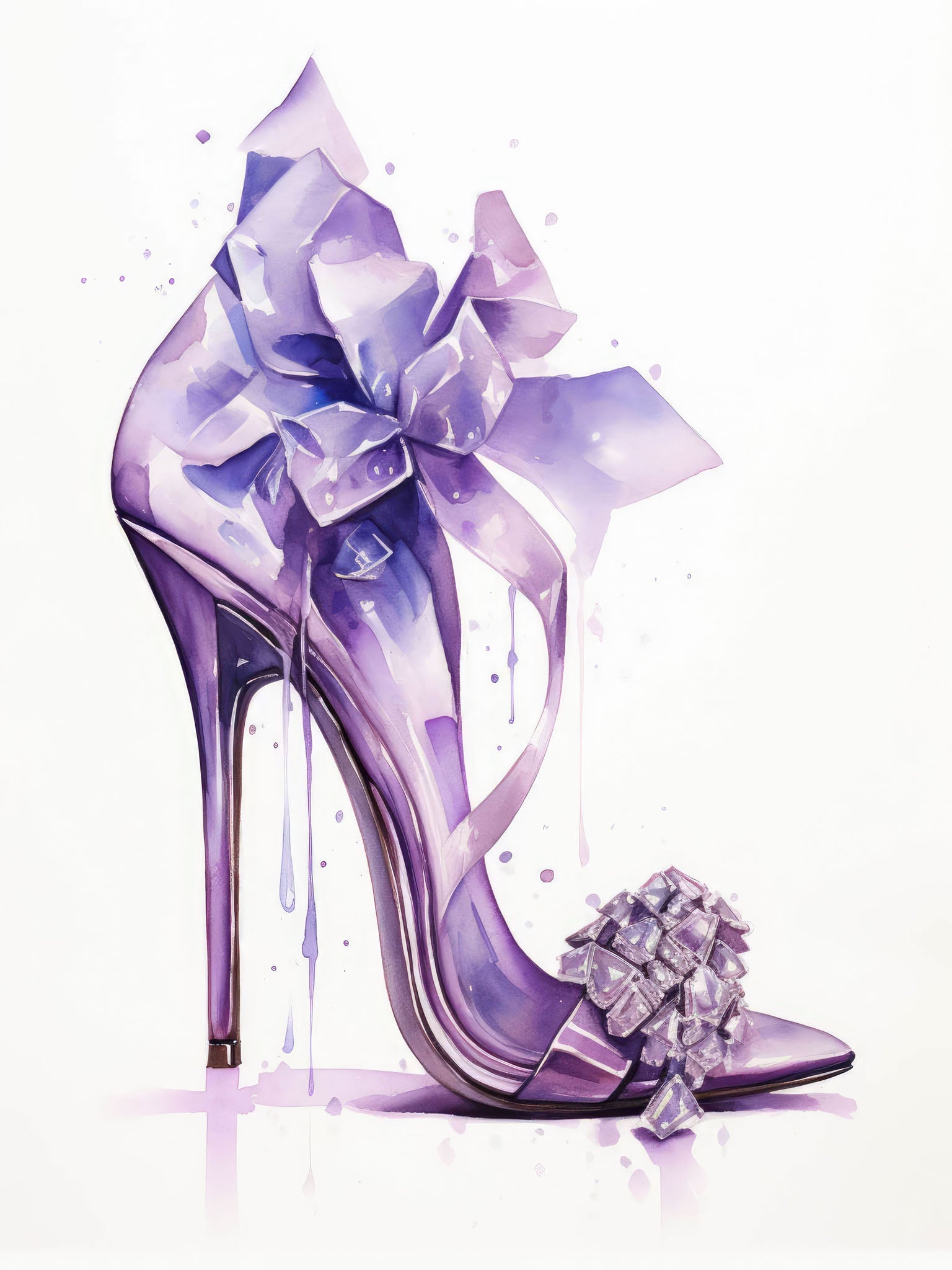 "Fashion Watercolor Stiletto - Purple" illustration featuring elegant high-heels in a rich purple color, with artistic drips and abstract elements, highlighting sophistication and stylish design.