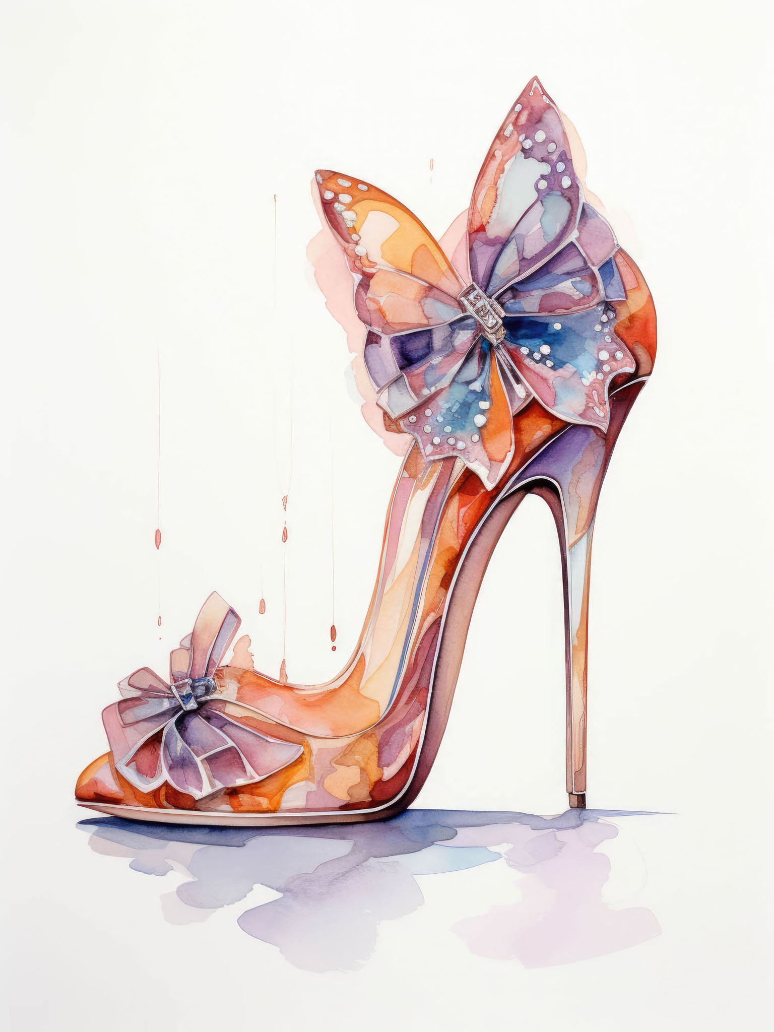 "Fashion Watercolor Stiletto - Butterfly" illustration featuring high-heels with a butterfly motif in vibrant orange and purple, with artistic drips and a chic design.