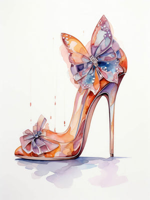 "Fashion Watercolor Stiletto - Butterfly" illustration featuring high-heels with a butterfly motif in vibrant orange and purple, with artistic drips and a chic design.