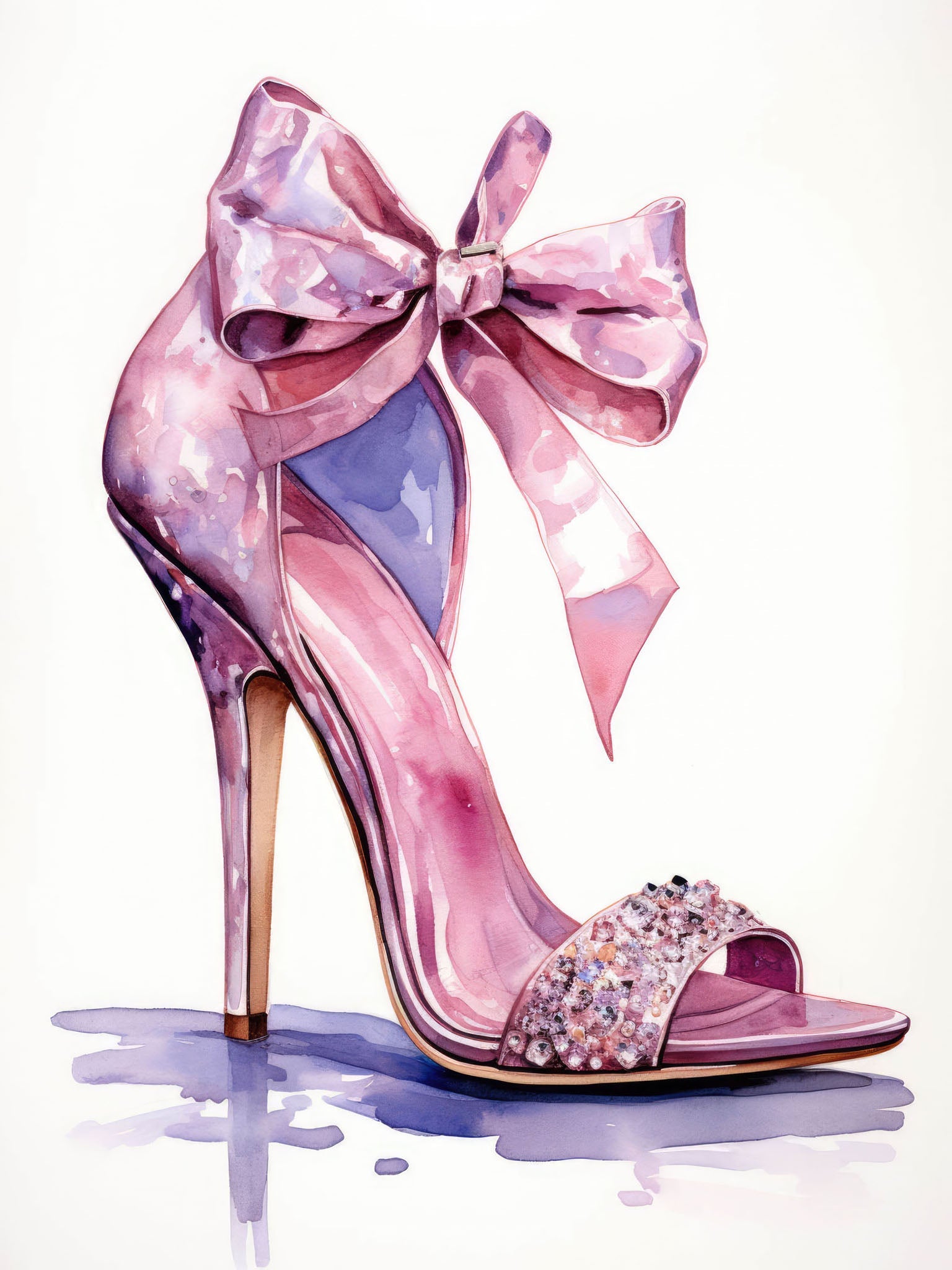 "Fashion Watercolor Stiletto - Bow" illustration showcasing high-heels with a pink bow and rhinestones, featuring a glossy finish and elegant, stylish design.