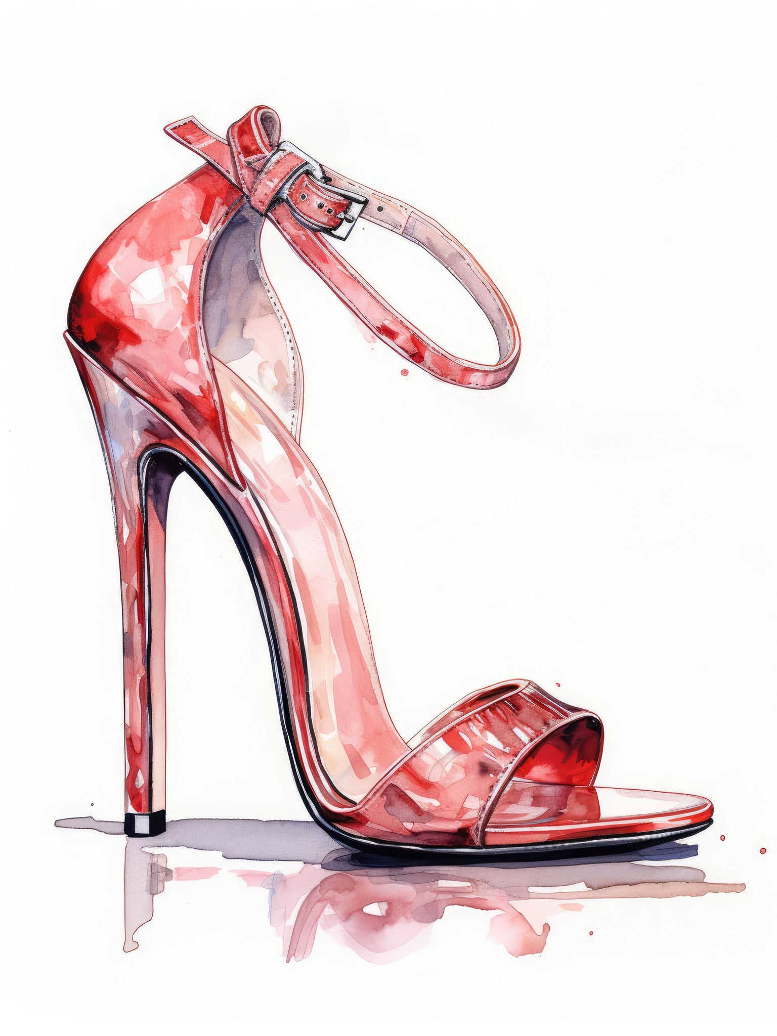 "Fashion Watercolor Stiletto - Red" illustration featuring an elegant red high-heel with an ankle-strap, glossy finish, and chic design, depicted in a watercolor style.