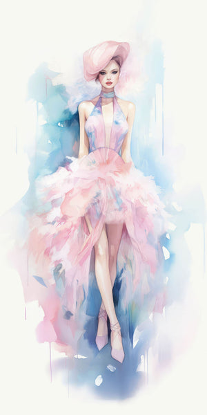 Whimsical watercolor illustration of a graceful female model in a flowing pastel dress, embodying elegance and fantasy through delicate shades of blue, pink, and white.