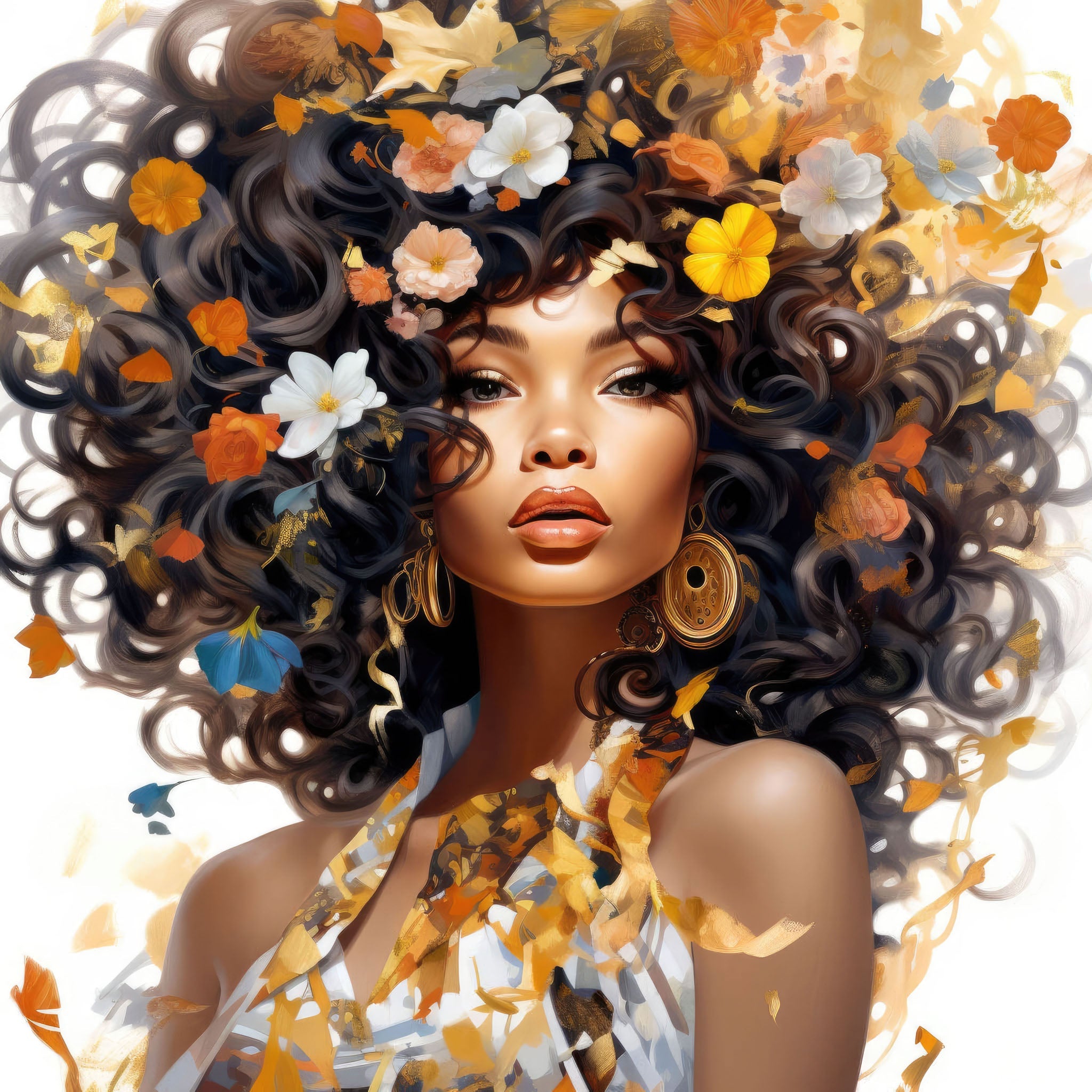 Illustration of a woman with curly hair, adorned with flowers and leaves in warm autumn tones, wearing golden earrings, set against a backdrop of rich bronze and gold hues, blending beauty, femininity, and culture.