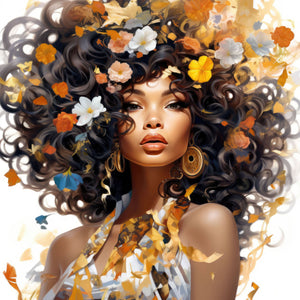 Illustration of a woman with curly hair, adorned with flowers and leaves in warm autumn tones, wearing golden earrings, set against a backdrop of rich bronze and gold hues, blending beauty, femininity, and culture.