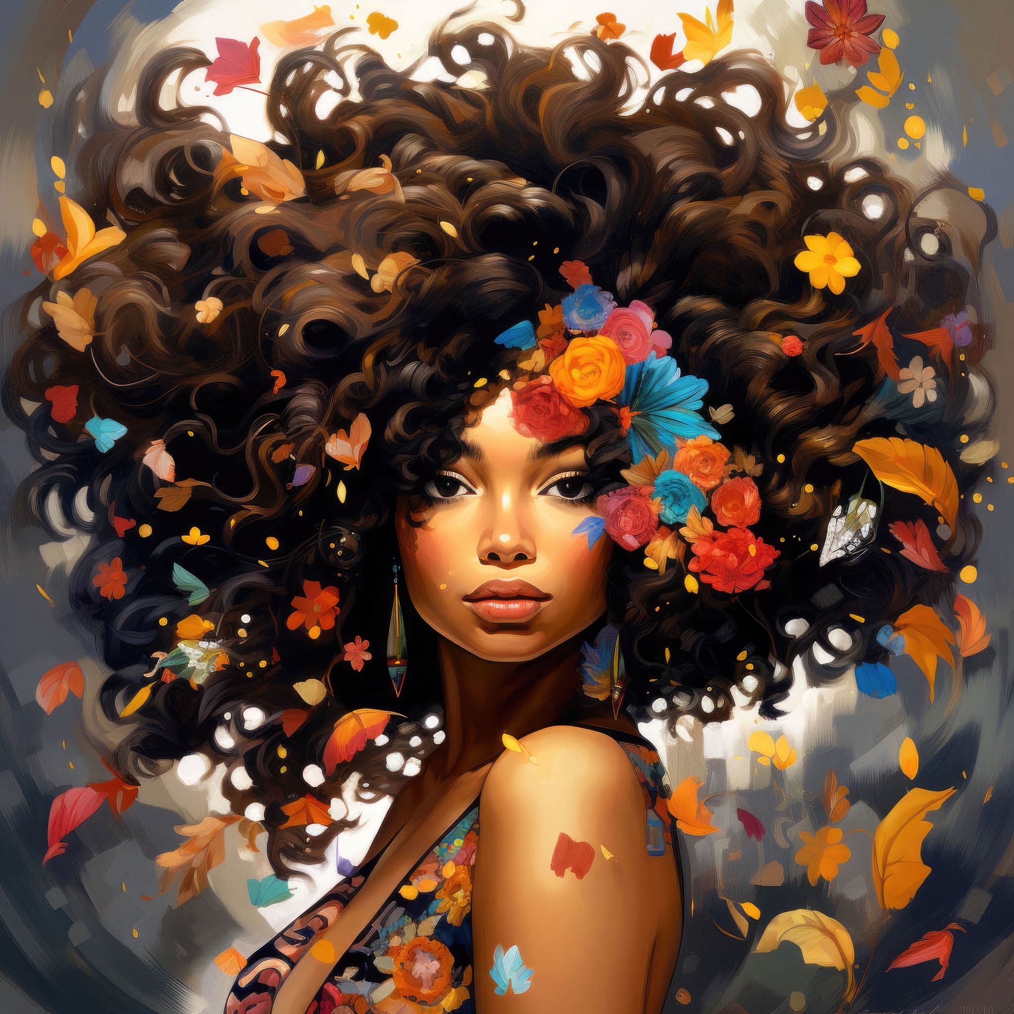 Portrait of a confident woman, featuring bold colors and dynamic brushwork, celebrating feminine strength and elegance with an expressive and empowering style.