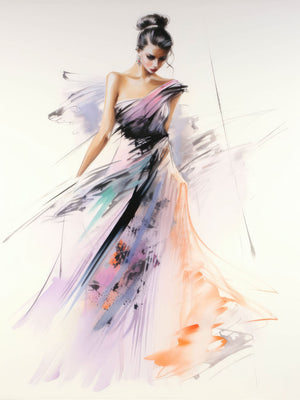 "Watercolor Fashion Illustration - Ball Gown" depicts a graceful woman in a vibrant and dynamic ball gown, with abstract and artistic elements in orange, black, purple, and white.