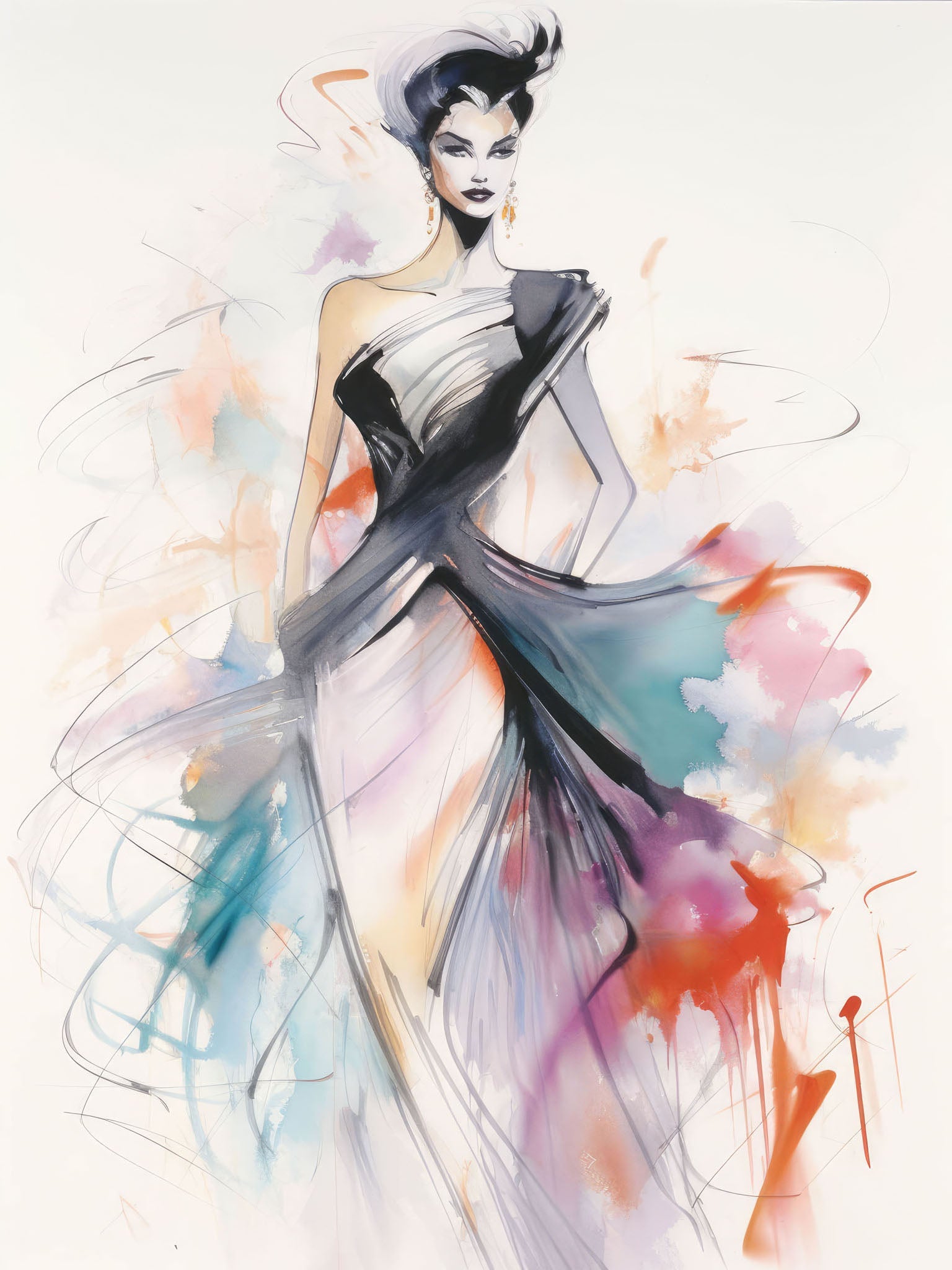 Watercolor Fashion Illustration - Color Rush features a dynamic and elegant woman in a vibrant dress, showcasing a blend of haute couture and whimsical, abstract art with multicolor swirls.