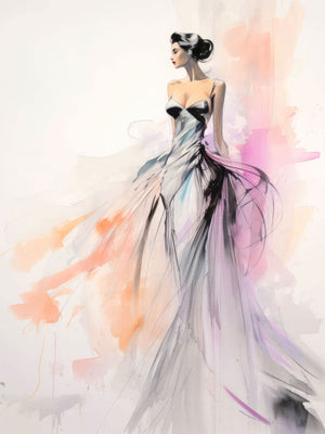 "Watercolor Fashion Illustration - Pink and Blush" showcases an elegant woman in a flowing gown, using dynamic pink and blush watercolor splashes to highlight sophisticated and modern style.