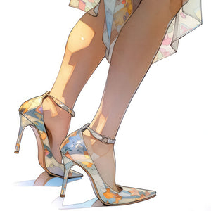 Illustration of fashionable high heels in beige and silver with a floral pattern and ankle strap, capturing summer elegance and modern style in a chic and detailed design.