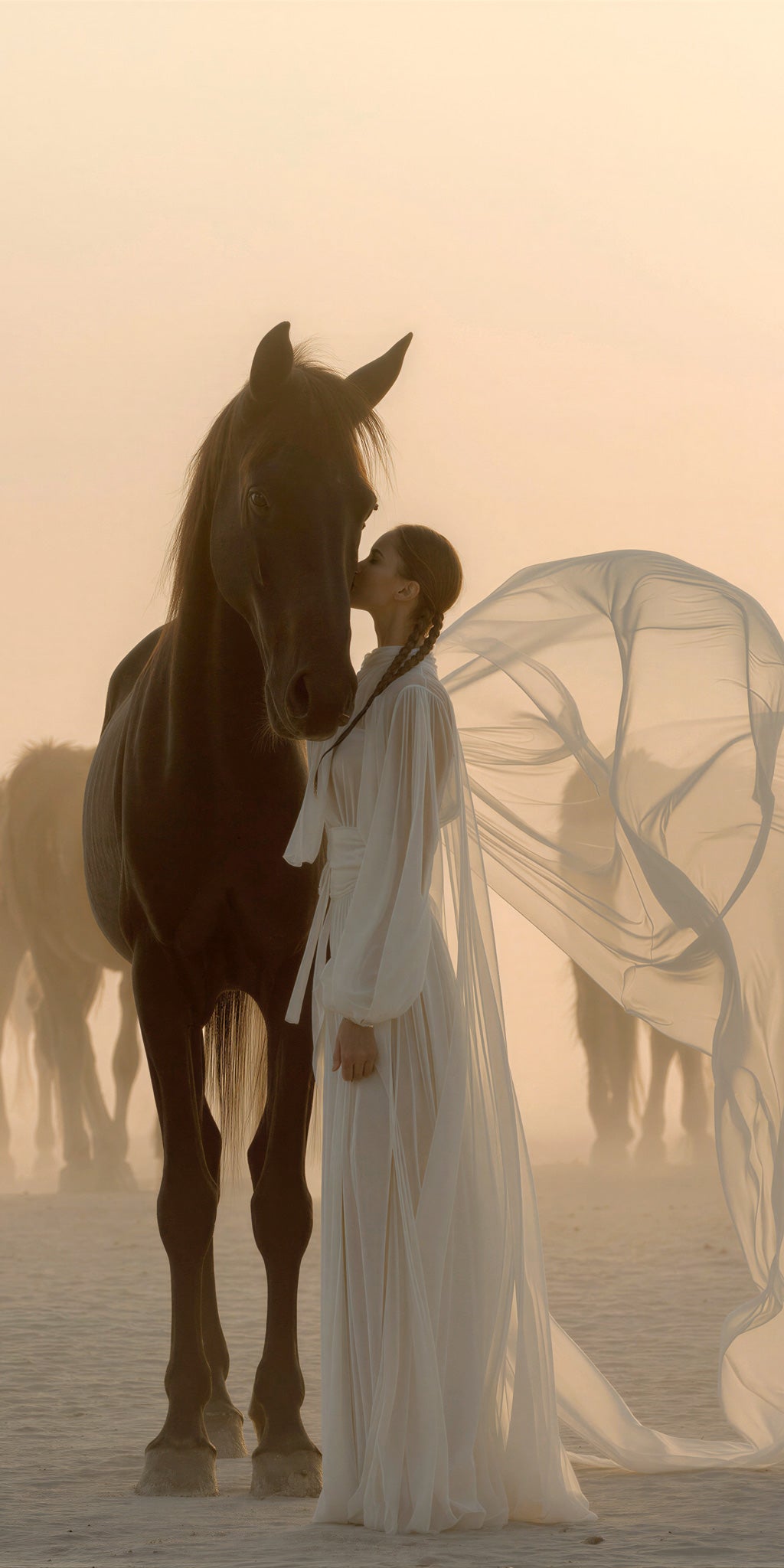 Fine art photograph of a woman in a flowing white chiffon gown gently kissing the muzzle of a large dark bay horse in a golden, dust-hazed desert landscape, with silhouettes of horses fading into the warm amber background.