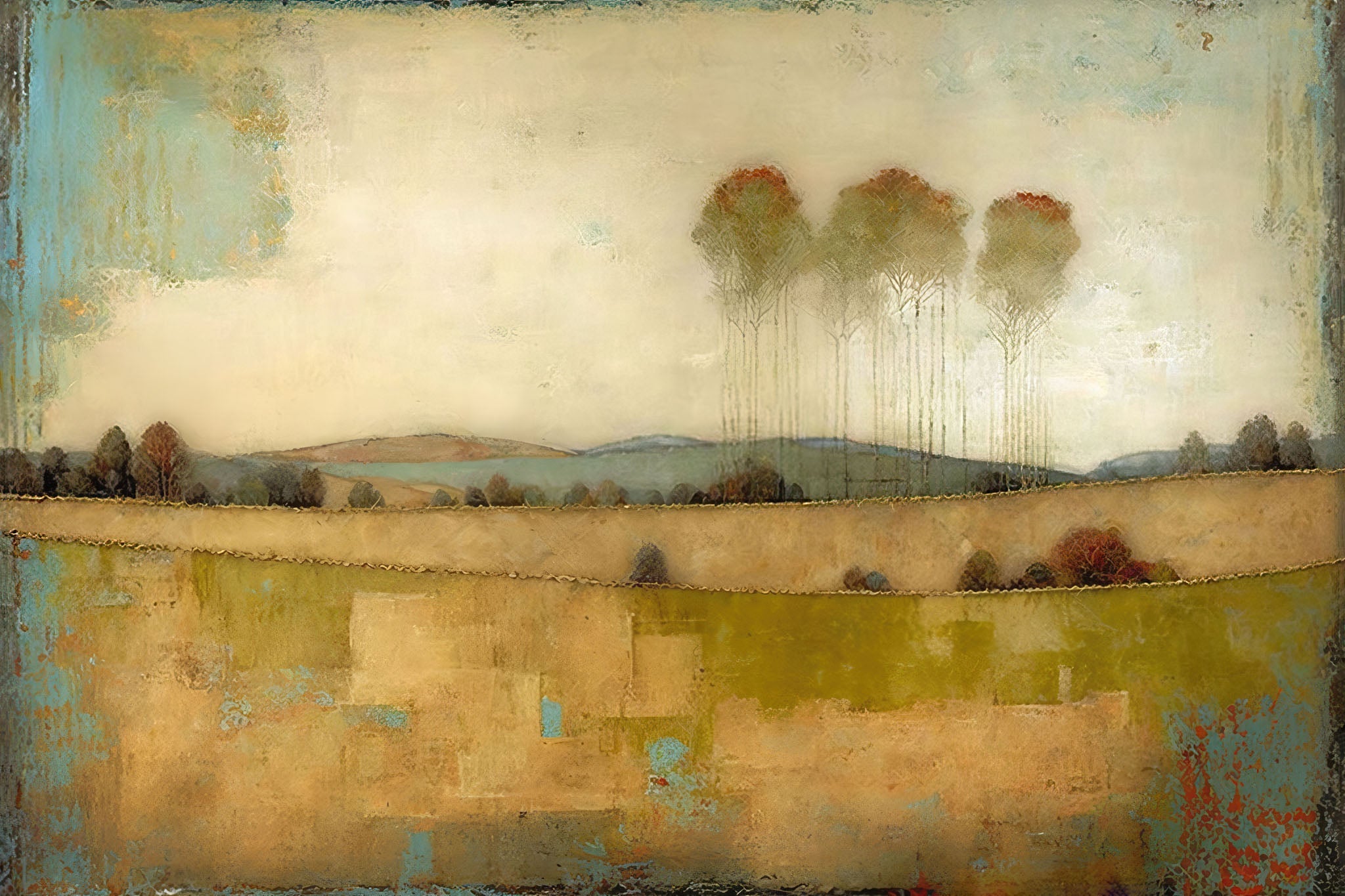 Abstract painting of a serene landscape featuring rolling hills and patchwork fields in warm tones of orange, beige, blue, and yellow, capturing the tranquil beauty of rural life.