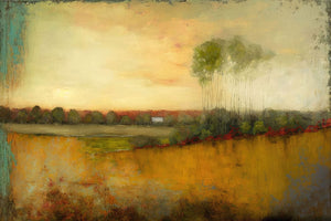 Abstract painting featuring a vibrant autumn landscape with warm golden, orange, and red hues, capturing the essence of nostalgia and serene countryside beauty.