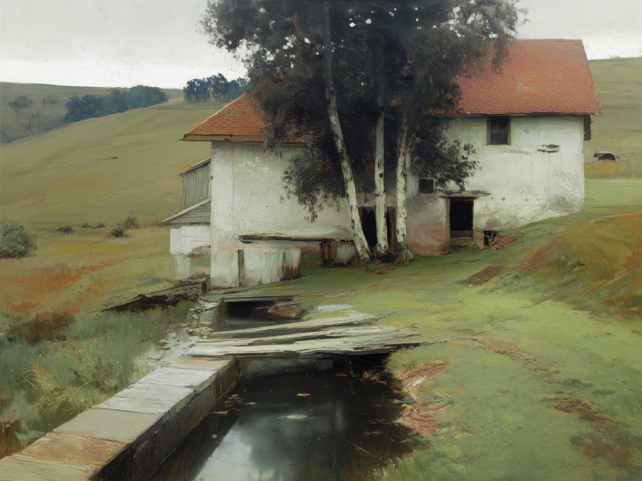 Impressionist oil landscape print showing a whitewashed mill or farmstead with terracotta roofs among rolling golden-green hills, flanked by tall trees, with a narrow millrace in the foreground and a faint grazing animal visible on the hillside.