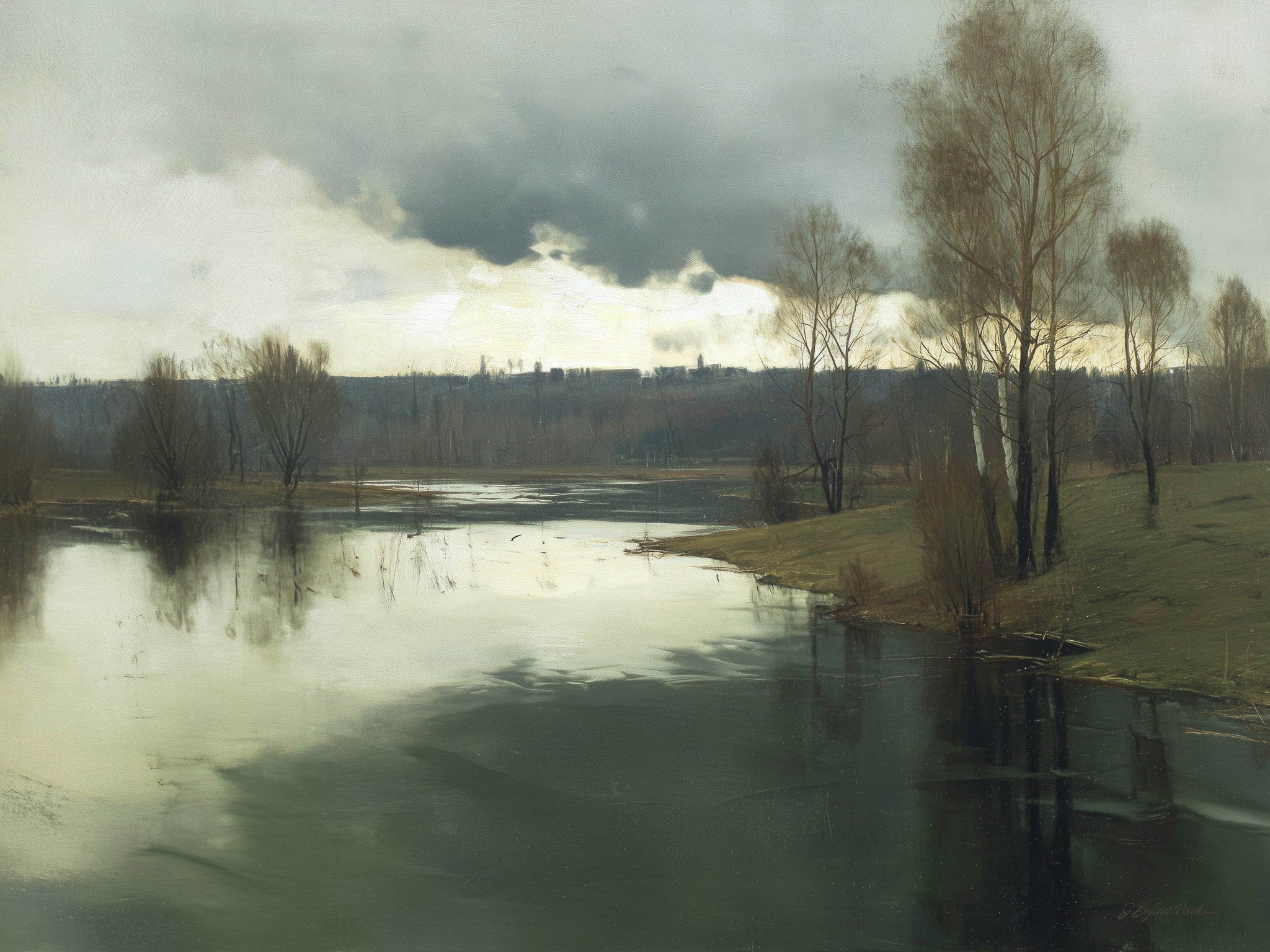 Oil painting style fine art print depicting a moody early spring river landscape with floodwaters spreading across low banks, bare birch and poplar trees reflected in dark still water, and heavy grey-green storm clouds parting to reveal a pale yellow horizon.
