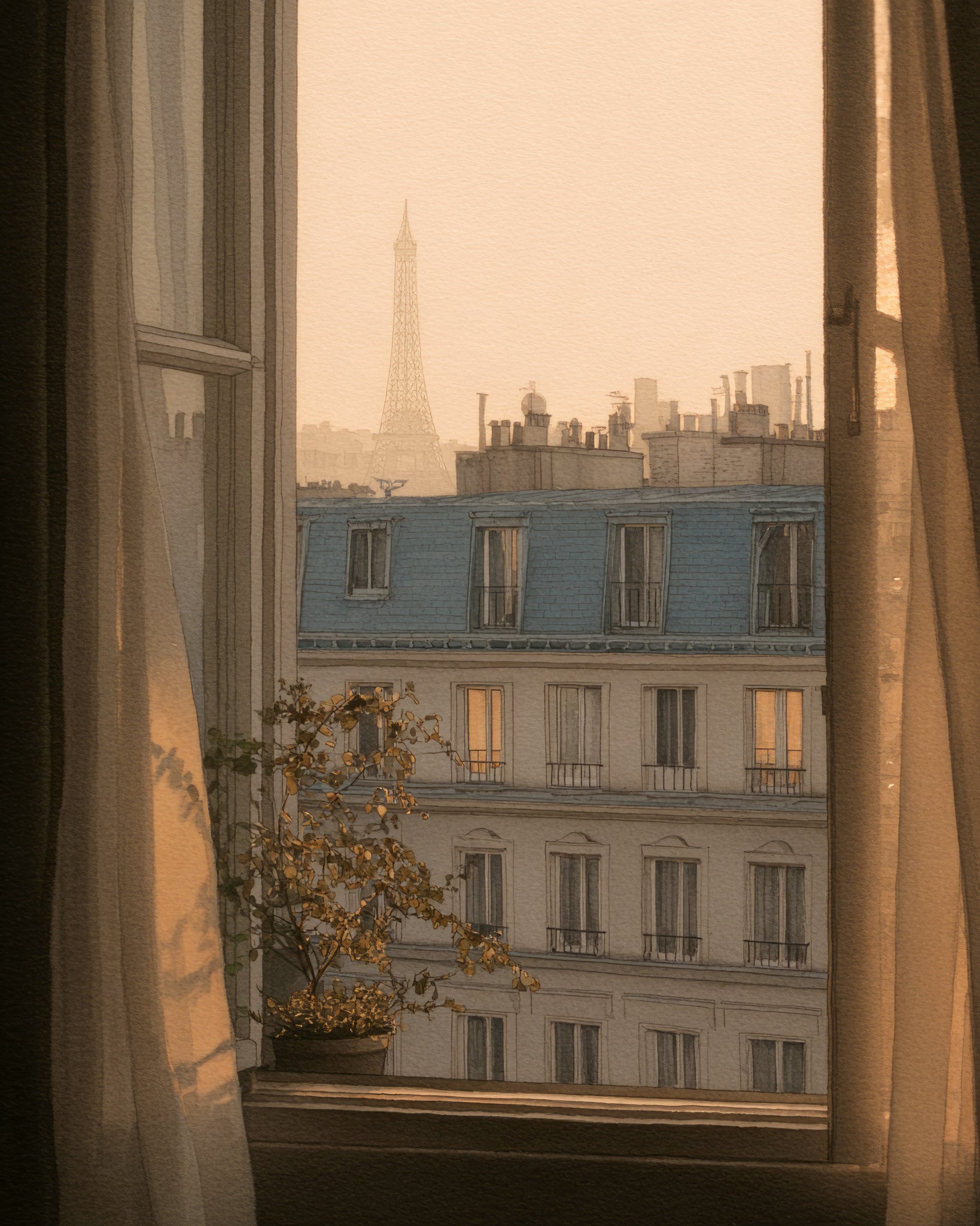 Watercolor illustration of a view through an open French window with sheer curtains and a small potted plant on the sill, looking out over classic Parisian Haussmann-style apartment buildings with blue-grey mansard roofs and warmly lit windows, the Eiffel Tower rising softly in a golden hazy sky in the background.