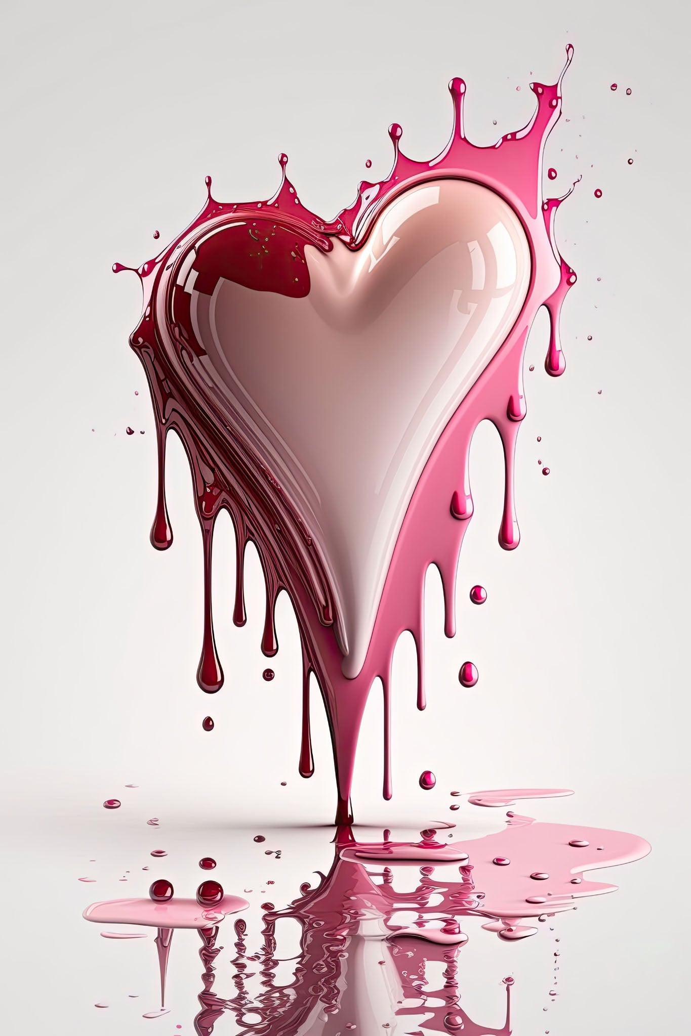 Contemporary artwork of a vibrant pink heart with a glossy finish, featuring drips and splatters that symbolize love and affection, perfect for romantic decor.