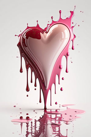 Contemporary artwork of a vibrant pink heart with a glossy finish, featuring drips and splatters that symbolize love and affection, perfect for romantic decor.