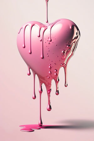 Contemporary art piece featuring a glossy pink heart in a sleek, dripping design, evoking emotions of love and romance in a vivid 3D rendering.