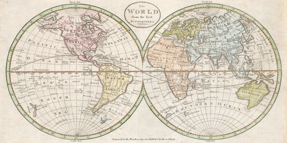 Antique Double Hemisphere World Map, fine art print