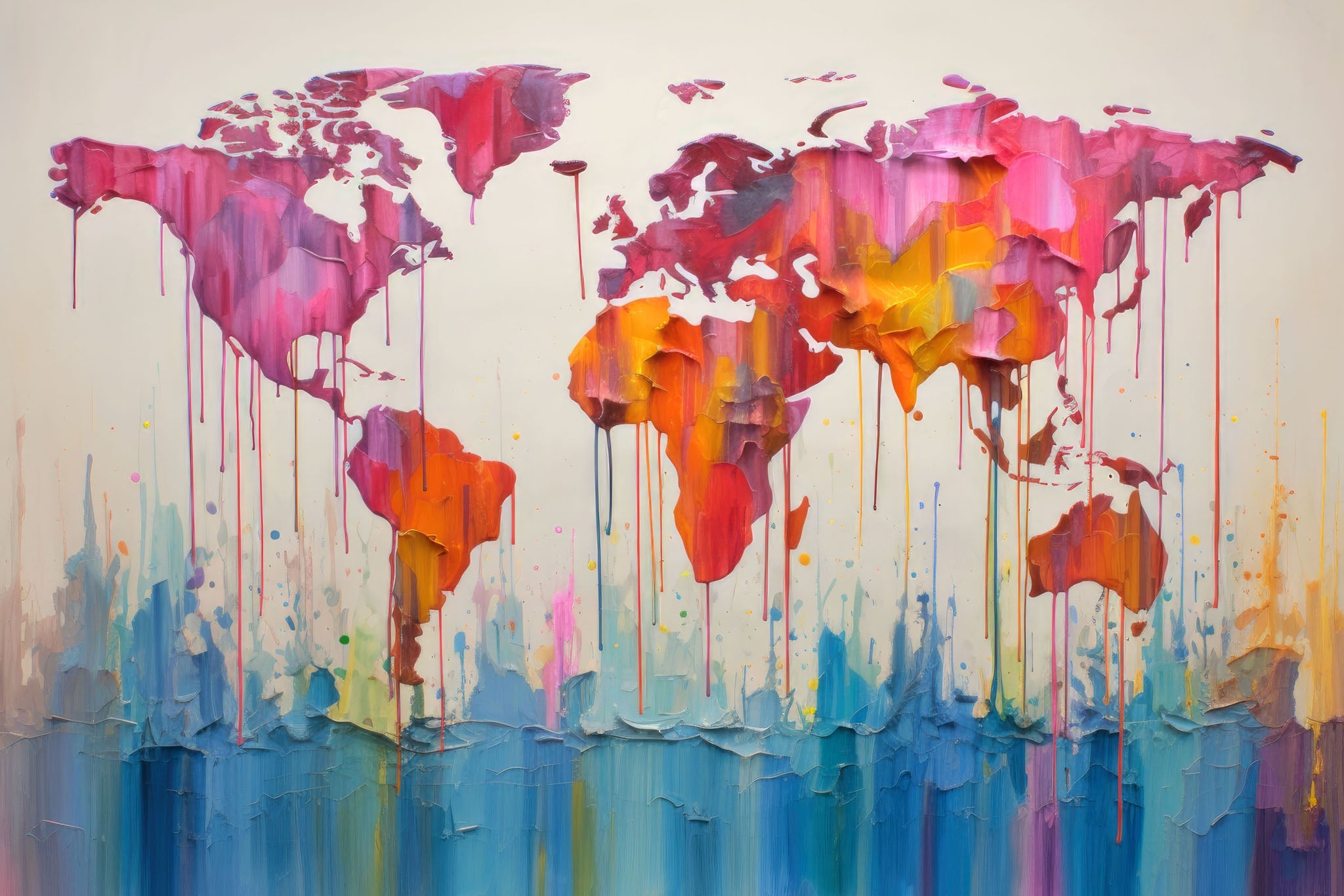 Abstract world map artwork featuring colorful continents in dripping paint, showcasing vibrant hues of blue, pink, orange, and purple for a creative and modern decor.